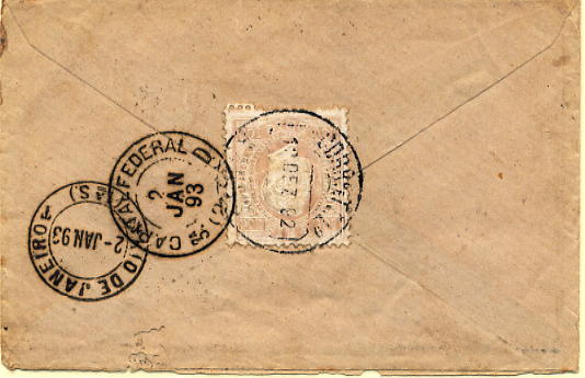 24lis0485.jpg -     Lote:    485            Colecção Portugal       Descrição:         1870/1876 &mdash; D. Luís I, fita direita. CE43, 100 reis lilás acastanhado, em papel porcelana, denteado 12 &frac12;, circulado em carta registada remetida de Arcos (12.12.92) com trânsito Lisboa (12.12.1892) para o Rio de Janeiro (28.01.1892).        O       Valor Base:     &euro; 15,00     Valor Venda:     &euro; 16,00     