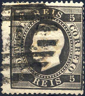 24lis0488.jpg -     Lote:    488            Colecção Portugal       Descrição:         1870/1876 &mdash; D. Luís I, fita direita. CE36, 5 reis preto, papel liso, denteado 14. Valor de catálogo &euro; 244,00. MB        O       Valor Base:     &euro; 50,00     Valor Venda:     Retirado     