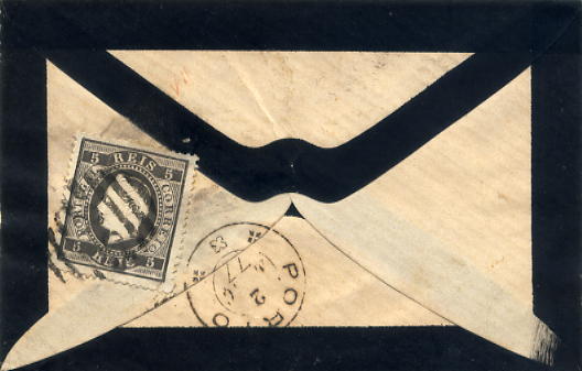 24lis0490.jpg -     Lote:    490            Colecção Portugal       Descrição:         1870/1876 &mdash; D. Luís I, fita direita. Sobrescrito circulado do Porto (02.03.77) para Lisboa, com selo de 5 reis preto, papel liso, denteado 14, CE36. Sobrescrito de luto, com falta parcial da frente.        Carta       Valor Base:     &euro; 75,00     Valor Venda:     Retirado     