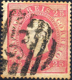 24lis0492.jpg -     Lote:    492            Colecção Portugal       Descrição:         1870/1876 &mdash; D. Luís I, fita direita. CE40, 25 reis rosa, papel liso, denteado 14. Valor de catálogo &euro; 53,30. MB.        O       Valor Base:     &euro; 15,00     Valor Venda:     Retirado     