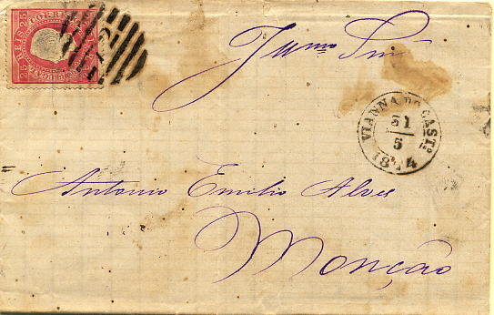 24lis0493.jpg -     Lote:    493            Colecção Portugal       Descrição:         1870/1876 &mdash; D. Luís I, fita direita. CE40, 25 reis rosa, papel liso, denteado 14, em carta circulada de Viana do Castelo (31.05.1874) para Monção. MB.        Carta       Valor Base:     &euro; 50,00     Valor Venda:     &euro; 50,00     