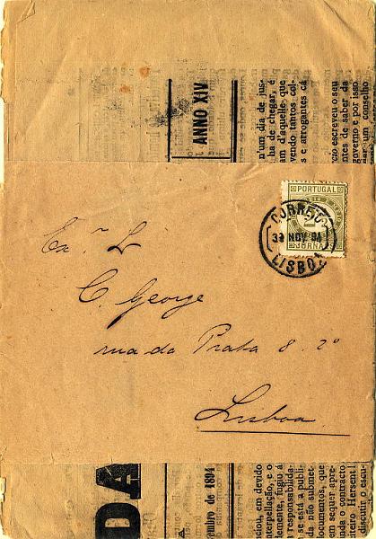 24lis0496.jpg -     Lote:    496            Colecção Portugal       Descrição:         1876 &mdash; Jornaes. Cinta e jornal "Correio da Noite", circulado em Lisboa (30.11.1894) com selo de 2 &frac12; reis em papel liso, denteado 13 &frac12;, CE46.        CNT/JRN       Valor Base:     &euro; 5,00     Valor Venda:     &euro; 22,00     