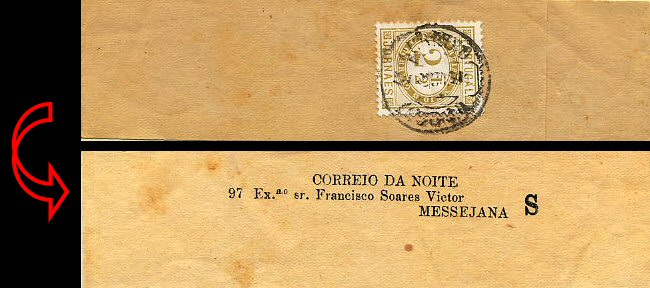 24lis0497.jpg -     Lote:    497            Colecção Portugal       Descrição:         1876 -  Jornaes. Cinta de Jornal circulado de Lisboa para a Messejana, com selo de 2 &frac12; reis CE46 em papel porcelana bistre esverdeado, denteado 11 &frac12;.        CNT       Valor Base:     &euro; 5,00     Valor Venda:     &euro; 5,00     
