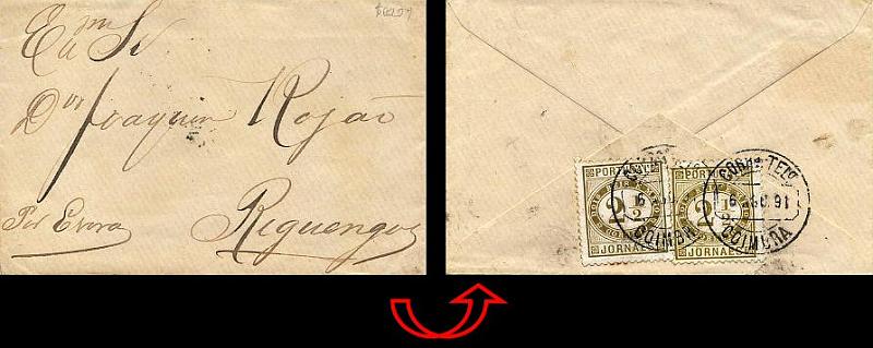 24lis0498.jpg -     Lote:    498            Colecção Portugal       Descrição:         1876 &mdash; Jornaes. Sobrescrito circulado de Coimbra (06.08.91) para Reguengos, com dois selos de 2 &frac12; reis, denteado 11 &frac12;, papel porcelana. Utilizados como selos de recurso do correio ordinário. MB e MR.        Carta       Valor Base:     &euro; 75,00     Valor Venda:     &euro; 75,00     