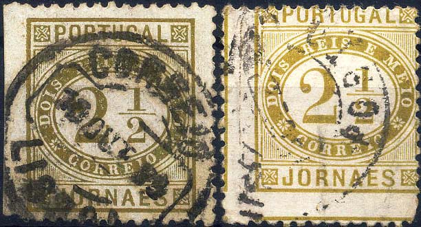 24lis0500.jpg -     Lote:    500            Colecção Portugal       Descrição:         1876 &mdash; Jornaes. Lote composto por selo de 2 &frac12; reis bistre esverdeado, papel liso, denteado 12 &frac12;, com falta de denteado no bordo esquerdo + selo com denteado deslocado.        O       Valor Base:     &euro; 6,00     Valor Venda:     Retirado     