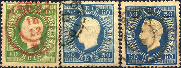 24lis0501.jpg -     Lote:    501            Colecção Portugal       Descrição:         1879/1880 &mdash; D. Luís I. Fita direita. Novas cores. CE49/50, papel liso, denteado 12 &frac12;. Lote composto por selo de 10 reis verde, obliterado com carimbo de Lisboa a vermelho + dois selos de 50 reis azul em diferentes tonalidades. Valor de catálogo &euro; 233,90. MB        O       Valor Base:     &euro; 30,00     Valor Venda:     &euro; 30,00     