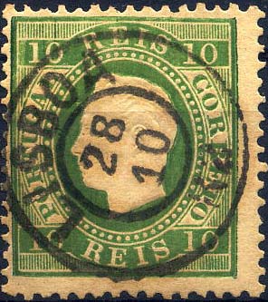 24lis0502.jpg -     Lote:    502            Colecção Portugal       Descrição:         1879/1880 &mdash; D. Luís I. Fita direita. Novas cores. CE49, 10 reis verde, denteado 12 &frac12;, papel liso. Valor de catálogo &euro; 51,30. MB.        O       Valor Base:     &euro; 10,00     Valor Venda:     &euro; 12,00     