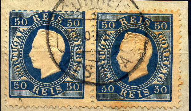 24lis0503.jpg -     Lote:    503            Colecção Portugal       Descrição:         1879/1880 &mdash; D. Luís I. Fita direita. Novas cores. CE50, 50 reis azul, em papel liso, denteado 12 &frac12;. Par em fragmento. Valor de catálogo &euro; 274,00. MB        FRG       Valor Base:     &euro; 30,00     Valor Venda:     &euro; 34,00     