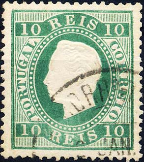 24lis0505.jpg -     Lote:    505            Colecção Portugal       Descrição:         1879/1880 &mdash; D. Luís I. Fita direita. Novas cores. CE49, 10 reis verde azul, papel liso, denteado 13 &frac12;. Valor de catálogo &euro; 535,00. MB        O       Valor Base:     &euro; 100,00     Valor Venda:     &euro; 180,00     