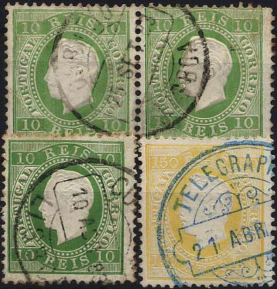24lis0506.jpg -     Lote:    506            Colecção Portugal       Descrição:         1879/1880 &mdash; D. Luís I. Fita direita. Novas cores. CE49 e 51. Lote composto por selo de 10 reis verde amarelo + par de 10 reis verde amarelo + selo de 150 reis amarelo, todos em denteado 12 &frac12; papel porcelana. Valor de catálogo &euro; 166,70. MB        Lote       Valor Base:     &euro; 25,00     Valor Venda:     &euro; 32,00     