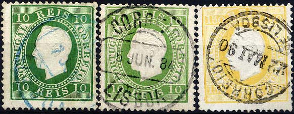 24lis0507.jpg -     Lote:    507            Colecção Portugal       Descrição:         1879/1880 &mdash; D. Luís I. Fita direita. Novas cores. CE49 e 51. Lote composto por dois selos de 10 reis (um verde e outro em verde amarelo) + selo de 150 reis amarelo, todos em denteado 13 &frac12; papel porcelana. Valor de catálogo &euro; 213,50. MB        O       Valor Base:     &euro; 35,00     Valor Venda:     &euro; 40,00     