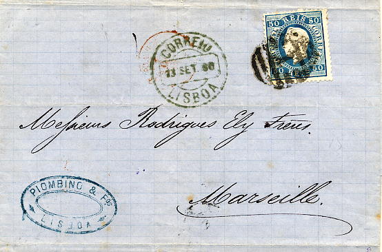 24lis0508.jpg -     Lote:    508            Colecção Portugal       Descrição:         1879/1880 &mdash; D. Luís I. Fita direita. Novas cores. Carta circulada de Lisboa (13.09.1880) para Marselha (17.09.1880) com selo de 50 reis azul, denteado 12 &frac12;, papel liso. Carimbo de LISBOA batido a verde-azul. MB.        Carta       Valor Base:     &euro; 50,00     Valor Venda:     &euro; 65,00     