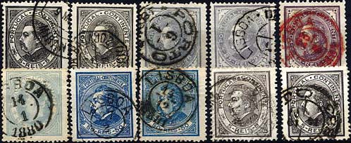 24lis0509.jpg -     Lote:    509            Colecção Portugal       Descrição:         1880/1881 &mdash; D. Luís I. De perfil. CE52/55. Lote composto por 4 selos de 5 reis com diferentes tonalidades da cor preta, 3 selos de 25 reis CE54 em diferentes tonalidades + selos de 25 reis azul cinzento + 2 selos de 50 reis em azul e azul claro. Todos em papel liso, denteado 12 &frac12;. Valor de catálogo &euro; 143,10. Alguma marcofilia.         Lote       Valor Base:     &euro; 22,00     Valor Venda:     &euro; 28,00     