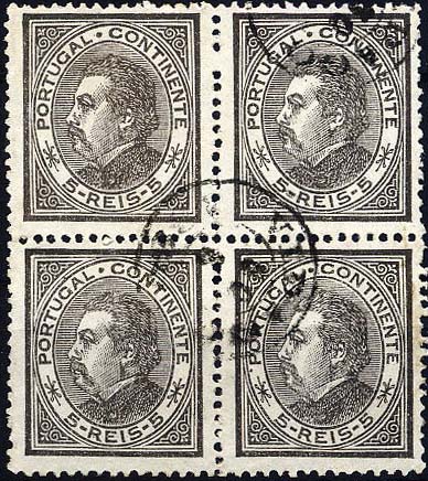 24lis0510.jpg -     Lote:    510            Colecção Portugal       Descrição:         1880/1881 &mdash; D. Luís I. De perfil. CE52, 5 reis preto, denteado 12 &frac12;, papel liso. Quadra obliterada com carimbo datado, tipo pequeno de VIDAGO. Valor de catálogo &euro; 54,40.        O       Valor Base:     &euro; 15,00     Valor Venda:     &euro; 44,00     