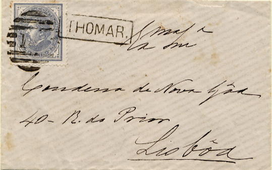24lis0512.jpg -     Lote:    512            Colecção Portugal       Descrição:         1880/1881 &mdash; D. Luís I. De perfil. Sobrescrito circulado de Tomar para Lisboa (29.04.81) com selo de 25 reis cinzento vermelho, denteado 12 &frac12;, papel liso. Carimbo nominativo batido a preto "THOMAR". B.        Carta       Valor Base:     &euro; 6,00     Valor Venda:     &euro; 12,00     