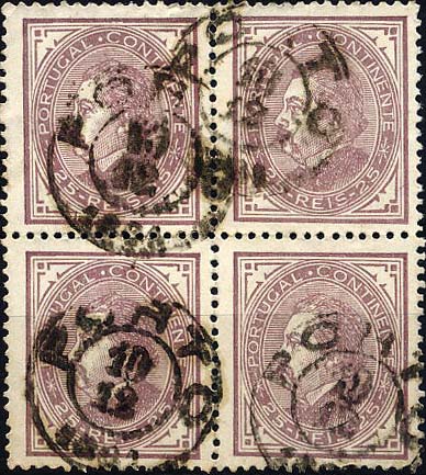 24lis0513.jpg -     Lote:    513            Colecção Portugal       Descrição:         1880/1881 &mdash; D. Luís I. De perfil. CE54, 25 reis lilás vermelho, papel liso, denteado 12 &frac12;. Quadra obliterada com carimbo do Porto (10.12.1881). Valor de catálogo &euro; 47,20. MB.        O       Valor Base:     &euro; 10,00     Valor Venda:     &euro; 10,00     