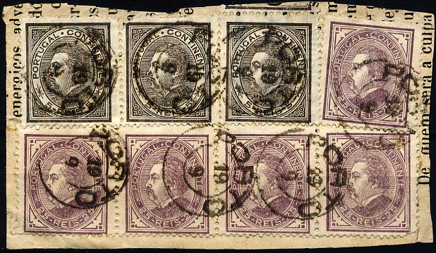 24lis0514.jpg -     Lote:    514            Colecção Portugal       Descrição:         1880/1881 &mdash; D. Luís I. De perfil. Fragmento de jornal datado do Porto (19.09.?? &mdash; carimbo com o ano limado), com tira de 3 selos de 5 reis preto CE52 + tira de 4 selos de 25 reis lilás vermelho + selo isolado de 25 reis na mesma tonalidade. Todos em papel liso, denteado 12 &frac12;. MB e MR.        FRG       Valor Base:     &euro; 50,00     Valor Venda:     &euro; 50,00     