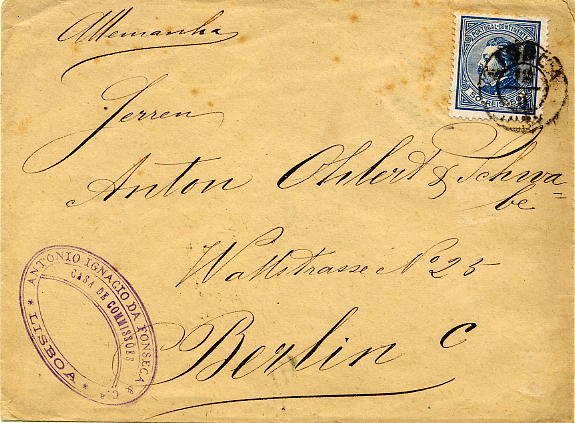 24lis0517.jpg -     Lote:    517            Colecção Portugal       Descrição:         1880/1881 &mdash; D. Luís I. De perfil. Sobrescrito circulado de Lisboa (12.05.80) para Berlim (17.05.80), com selo de 50 reis azul, papel liso médio, denteado 12 &frac12;.        Carta       Valor Base:     &euro; 12,00     Valor Venda:     &euro; 12,00     
