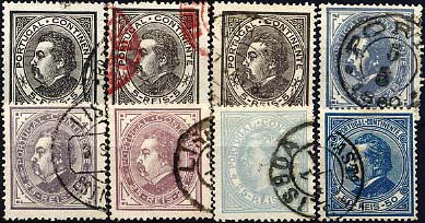 24lis0519.jpg -     Lote:    519            Colecção Portugal       Descrição:         1880/1881 &mdash; D. Luís I. De perfil. CE52/55. Série completa usada + 2 selos de 5 reis com diferentes tonalidades + 3 selos de 25 reis também com diferentes tonalidades. Papel liso, denteado 13 &frac12;. Valor de catálogo &euro; 111,30.        Lote       Valor Base:     &euro; 20,00     Valor Venda:     &euro; 26,00     