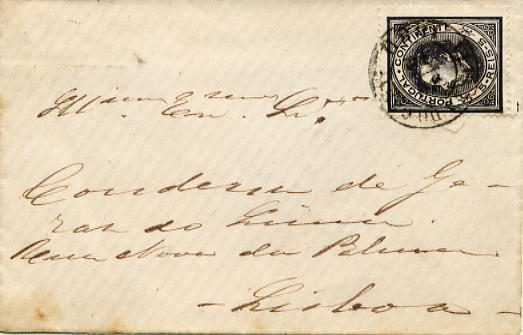 24lis0522.jpg -     Lote:    522            Colecção Portugal       Descrição:         1881/1881 &mdash; D. Luís I. De perfil. Sobrescrito de reduzidas dimensões, circulado de Viana do Castelo (26.12.1880) para Lisboa, com selo de 5 reis preto, papel liso, denteado 13 &frac12;. B.        Carta       Valor Base:     &euro; 5,00     Valor Venda:     &euro; 12,00     