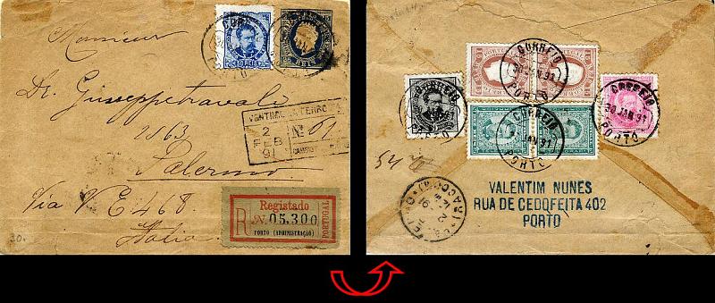 24lis0524.jpg -     Lote:    524            Colecção Portugal       Descrição:         1879 &mdash; D. Luís I. Fita direita. Impressão com relevo. Sobrescritos. OM1, 25 reis azul, papel camurça, circulado registado do Porto (30.01.1891) para Itália, com selos adicionais: 2 selos de 15 reis D. Luís I fita direita, denteado 12 &frac12;, papel liso, selos de 5reis preto, 2x10 reis verde, 20 reis carmim rosa, tipo D. Luís I de frente, novas cores CE60/62 + 50 reis azul D. Luís de frente CE58, papel porcelana, denteado 11 &frac12;. MB e R.        IC       Valor Base:     &euro; 100,00     Valor Venda:     &euro; 220,00     