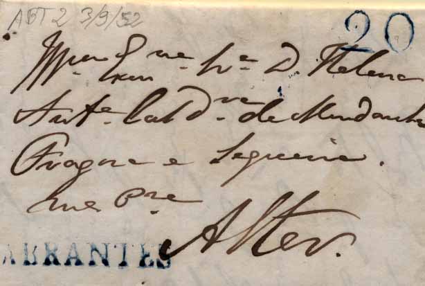 24Lis0528.jpg -     Lote:    528            Portugal       Descrição:      Abrantes   &mdash; A azul, GM ABT2 em carta datada da Quinta de S. José (03.07.52) para Alter, com trânsito por Lisboa (05.07.52), com o porte de 20 reis batido a azul. B.        Carta       Valor Base:     &euro; 8,00     Valor Venda:     &euro; 32,00     
