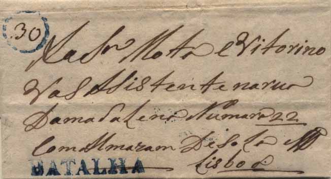 24Lis0535.jpg -     Lote:    535            Portugal       Descrição:      Batalha   &mdash; A azul, GM BTL1 em carta datada de Rebolaria (26.09.1840) para Lisboa (30.09.1840) com o porte manuscrito a sépia de 30 reis, dentro de cercadura pontinhada batida a azul. MB.        Carta       Valor Base:     &euro; 60,00     Valor Venda:     &euro; 70,00     