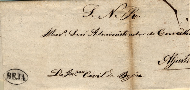24Lis0536.jpg -     Lote:    536            Portugal       Descrição:      Beja   &mdash; A preto, GM BJA em capa de carta datada de Novembro de 1851, para Aljustrel. Isenta de porte (SNR).        Carta       Valor Base:     &euro; 8,00     Valor Venda:     &euro; 8,00     