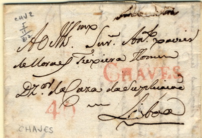 24Lis0539.jpg -     Lote:    539            Portugal       Descrição:      Chaves   &mdash; A vermelho, GM CHV2, em carta circulada de Chaves (05.11.1812) para Lisboa com o porte de 40 reis batido a vermelho. B.        Carta       Valor Base:     &euro; 5,00     Valor Venda:     &euro; 6,00     