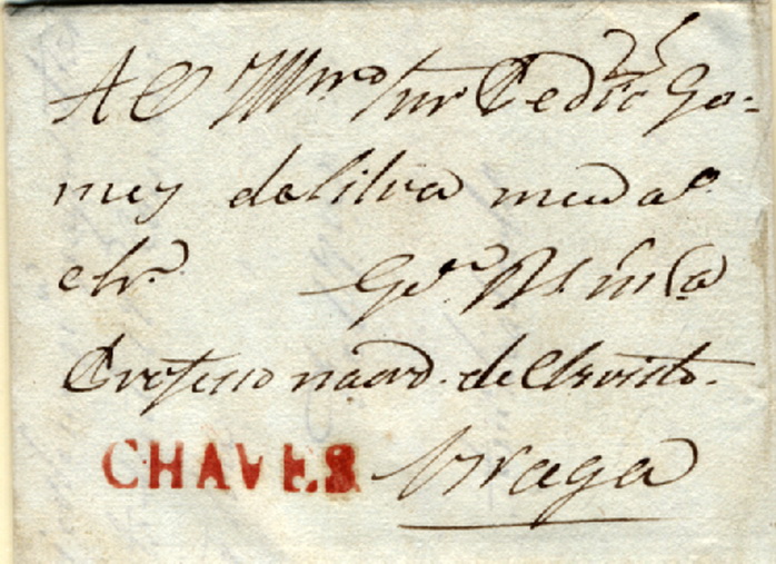 24Lis0540.jpg -     Lote:    540            Portugal       Descrição:      Chaves   &mdash; A vermelho, GM CHV1, em carta datada de Chaves (09.09.1806) para Braga, com o porte manuscrito a sépia de 25 reis. MB.        Carta       Valor Base:     &euro; 30,00     Valor Venda:     &euro; 75,00     