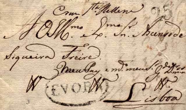 24Lis0551.jpg -     Lote:    551            Portugal       Descrição:      Évora   &mdash; A preto, GM EVR2 em carta datada de Évora (06.09.1826) para Lisboa, com o porte de 25 reis batido a preto. Data anterior à catalogada.        Carta       Valor Base:     &euro; 15,00     Valor Venda:     &euro; 26,00     