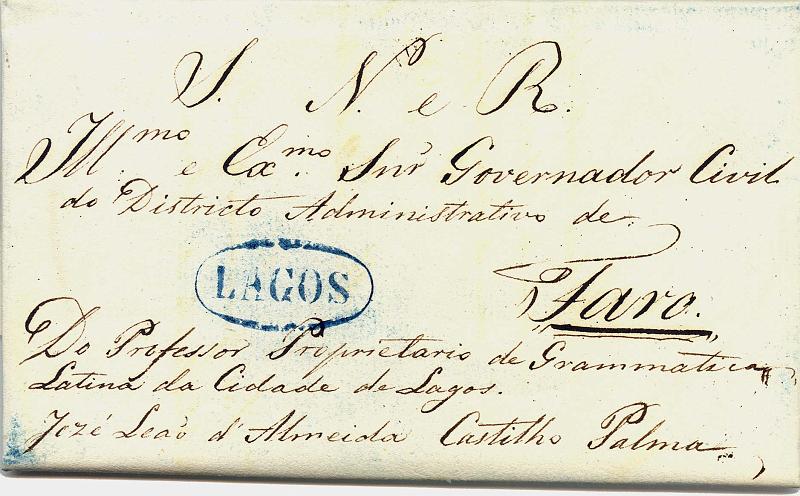 24Lis0556.jpg -     Lote:    556            Portugal       Descrição:      Lagos   &mdash; A azul, GM LGS 3 em carta do Serviço Nacional e Real, datada de 15.03.1848 para Faro. MB           Carta       Valor Base:     &euro; 20,00     Valor Venda:     &euro; 30,00     