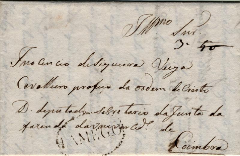 24Lis0557.jpg -     Lote:    557            Portugal       Descrição:      Lamego   &mdash; A sépia, GM LMG2, em carta datada de Carquere (04.03.1831) para Coimbra. Porte manuscrito de 50 reis depois corrigido para 30 reis. B.        Carta       Valor Base:     &euro; 15,00     Valor Venda:     Retirado     
