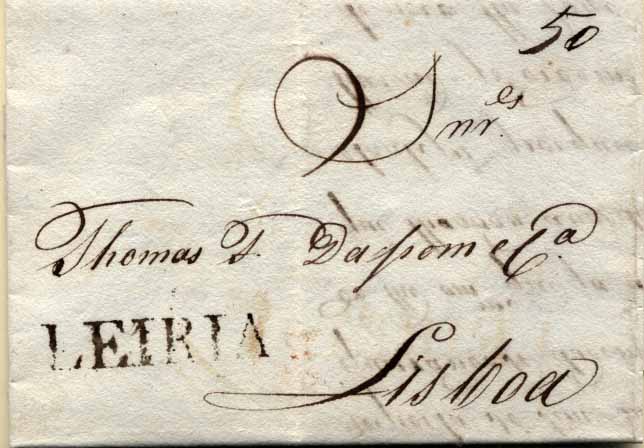 24Lis0559.jpg -     Lote:    559            Portugal       Descrição:      Leiria   &mdash; A sépia. Marca não catalogada por GM. Carta datada de Leiria (26.04.1819) para Lisboa, com o porte manuscrito de 50 reis.        Carta       Valor Base:     &euro; 120,00     Valor Venda:     &euro; 160,00     