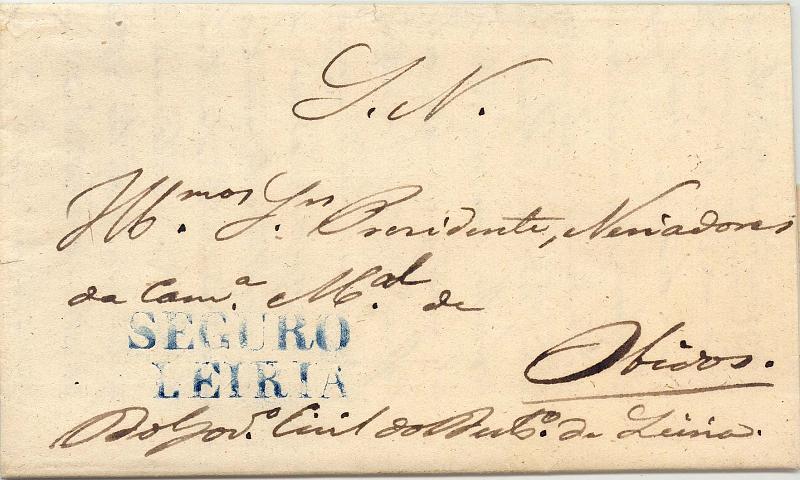 24Lis0561.jpg -     Lote:    561            Portugal       Descrição:      Leiria / Seguro   &mdash; A azul, GM LRA &mdash; S1 em carta do Serviço Nacional e Real de Leiria (12.10.1835) para Óbidos. MB        Carta       Valor Base:     &euro; 50,00     Valor Venda:     &euro; 50,00     