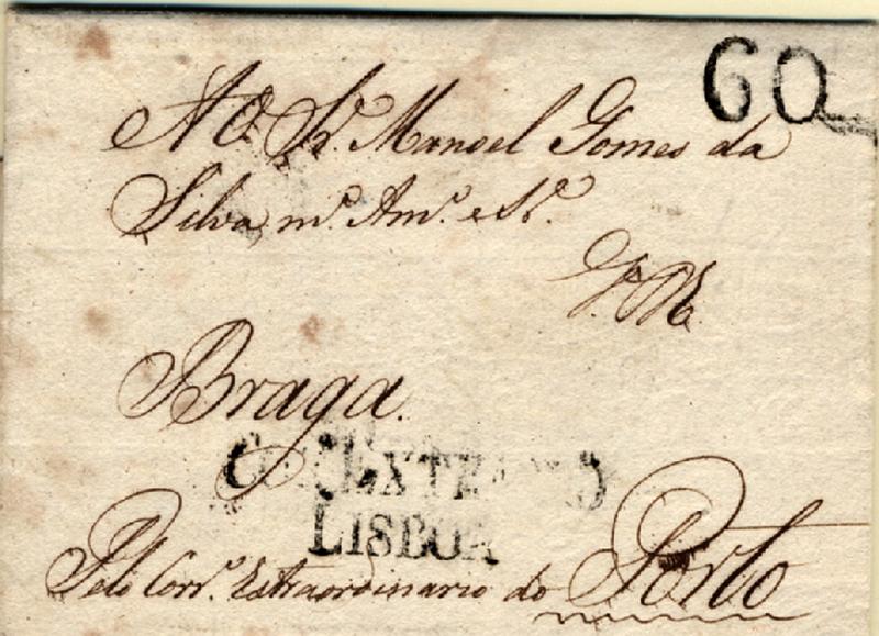 24Lis0562.jpg -     Lote:    562            Portugal       Descrição:      Lisboa / Corº Extraord   &mdash; A preto, GM LSB1 em carta datada de Lisboa (13.01.1801) para o Porto, com o porte de 60 reis batido a preto. Inscrição manuscrita "Pelo Corr.º Estraordinário do Porto". B e MR.        Carta       Valor Base:     &euro; 200,00     Valor Venda:     &euro; 280,00     