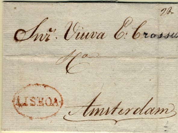 24Lis0563.jpg -     Lote:    563            Portugal       Descrição:      Lisboa   &mdash; A vermelho, GM LSB3, em capa de carta datada de Lisboa (04.01.1806) para Amesterdão. Porte manuscrito. MB.        Carta       Valor Base:     &euro; 10,00     Valor Venda:     &euro; 60,00     