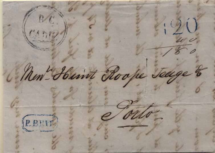 24Lis0567.jpg -     Lote:    567            Portugal       Descrição:      Lisboa * Paquete Britânico   &mdash; A azul, GM LSB PB1 em carta remetida de Cadiz (04.08.1849) para o Porto, com trânsito por Lisboa (06.08.1849). Porteada em 120 reis batido a azul ao qual acresceu o porte territorial de 40 reis, manuscrito a sépia. Carta com cortes de desinfecção. B.        Carta       Valor Base:     &euro; 15,00     Valor Venda:     Retirado     