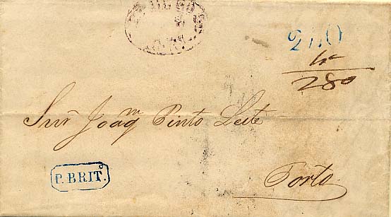 24Lis0568.jpg -     Lote:    568            Portugal       Descrição:      Lisboa * P. Brit.º   - A azul, LSB PB1 em carta datada do Rio de Janeiro (11.05.1851) para o Porto (07.06.1851) com trânsito por Lisboa (04.06.1851). Porte batido a azul de 240 reis + porte territorial de 40 reis manuscrito a sépia + selo fixo do imposto postal batido a violeta, tipo I de 10 reis. MB.        Carta       Valor Base:     &euro; 20,00     Valor Venda:     &euro; 20,00     
