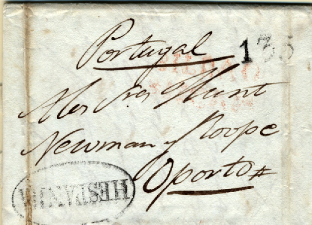 24Lis0569.jpg -     Lote:    569            Portugal       Descrição:      Hespanha   &mdash; A preto, GM LSB OE3 em carta datada de Bilbau (31.08.1813) para Lisboa. Porteado à chegada com o porte de 135 reis batido a preto. Marca a vermelho de BILBAO. MB.        Carta       Valor Base:     &euro; 15,00     Valor Venda:     &euro; 22,00     