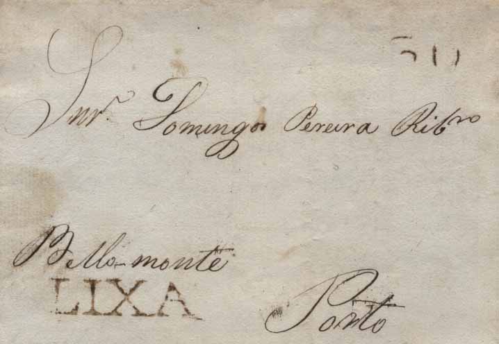 24Lis0570.jpg -     Lote:    570            Portugal       Descrição:      Lixa   &mdash; A sépia, GM LXA1 em carta datada de Santão (24.07.1834) para o Porto com o porte de 60 reis batido a sépia. B.        Carta       Valor Base:     &euro; 45,00     Valor Venda:     &euro; 55,00     