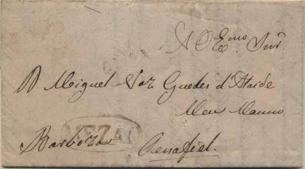 24Lis0571.jpg -     Lote:    571            Portugal       Descrição:      Mezão   &mdash; A sépia, GM MSF2, em carta remetida de Caldas de Moledo (12.10.1842) para Penafiel com o porte de 20 reis batido a sépia.        Carta       Valor Base:     &euro; 10,00     Valor Venda:     Retirado     