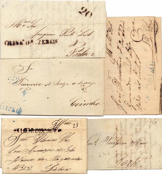 24Lis0573.jpg -     Lote:    573            Portugal       Descrição:      Lote de 5 cartas.   Castelo Branco a azul CTB 1 (01.02.1849) para Lisboa com porte manuscrito 35; Covilhã CVL 4 a sépia de 21.01.1851 para o Porto, com porte manuscrito 30; Oliveira de Azeméis OAZ 1 a sépia de 05.01.1851 para o Porto com porte impresso 20; Viseu VIS 4 a azul de 20.08.1852 para Coimbra com porte impresso 25; Santiago do Cacém STC de 06.08.1849 a sépia para Lisboa com porte manuscrito 25.         Carta       Valor Base:     &euro; 30,00     Valor Venda:     Retirado     