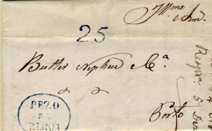 24Lis0577.jpg -     Lote:    577            Portugal       Descrição:      Peso da Régua   &mdash; A azul, GM PRG3, em carta datada da Régua (13.11.1843) para o Porto, com o porte batido a azul de 25 reis.        Carta       Valor Base:     &euro; 20,00     Valor Venda:     Retirado     