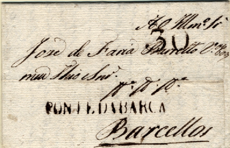 24Lis0578.jpg -     Lote:    578            Portugal       Descrição:      Ponte da Barca   &mdash; A sépia, GM PTB em carta remetida da Ponte da Barca (26.03??) para Barcelos, com o porte de 30 reis batido a sépia.        Carta       Valor Base:     &euro; 20,00     Valor Venda:     &euro; 34,00     