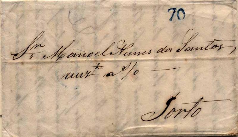 24Lis0582.jpg -     Lote:    582            Portugal       Descrição:      Porto * Pequena Posta   &mdash; Carta remetida de Lisboa (07.08.1848) para o Porto (10.08.1848), com o porte de 70 reis batido a azul. Inscrição a lápis "C" da pequena posta do Porto.        Carta       Valor Base:     &euro; 10,00     Valor Venda:     Retirado     
