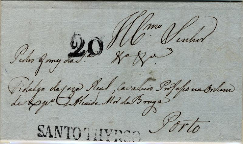 24Lis0585.jpg -     Lote:    585            Portugal       Descrição:      Santo Thyrso   &mdash; A preto, GM STS1, em carta datada de Castelões (19.05.1815) para o Porto, com o porte batido a preto de 20 reis. MB.        Carta       Valor Base:     &euro; 30,00     Valor Venda:     &euro; 110,00     