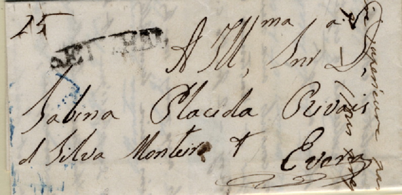 24Lis0586.jpg -     Lote:    586            Portugal       Descrição:      Setúbal   &mdash; A preto, GM STB2, em carta datada de 1849 para Évora, com o porte manuscrito a sépia de 25 reis.         Carta       Valor Base:     &euro; 20,00     Valor Venda:     Retirado     
