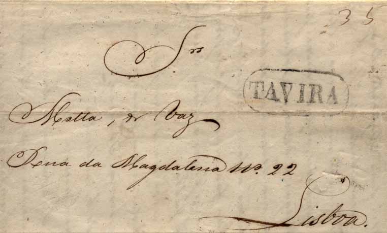 24Lis0588.jpg -     Lote:    588            Portugal       Descrição:      Tavira   &mdash; A preto, GM TVR4 em carta datada de Tavira (23.02.1850) para Lisboa (27.02.1850) com o porte de 35 reis manuscrito a sépia.        Carta       Valor Base:     &euro; 8,00     Valor Venda:     &euro; 14,00     