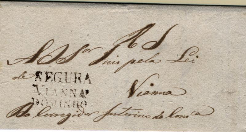 24Lis0591.jpg -     Lote:    591            Portugal       Descrição:      Vianna do Minho * Segura   &mdash; A sépia, GM VCT-S2 em carta datada de Viana (02.09.1828) para Viana, do Real Serviço (isenta de porte). MB e R.        Carta       Valor Base:     &euro; 100,00     Valor Venda:     &euro; 100,00     
